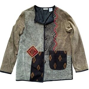 White Stag Chenille Patchwork Applique Jacket Art Wear Black Tan Gray Size Small
